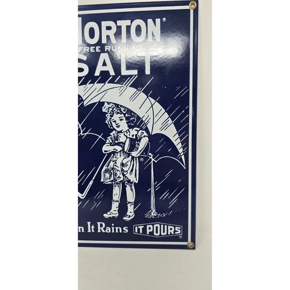 Vtg Ande Rooney porcelain enameled metal sign Morton Salt Umbrella Girl repro